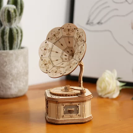 "Дървен 3D пъзел Robotime - Грамофон, 122 части"